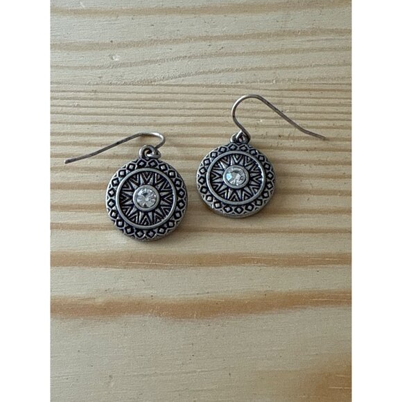 Antique Silver Tone Round Dangle Earrings Intricate Design Clear Crystal Accents - Picture 1 of 3
